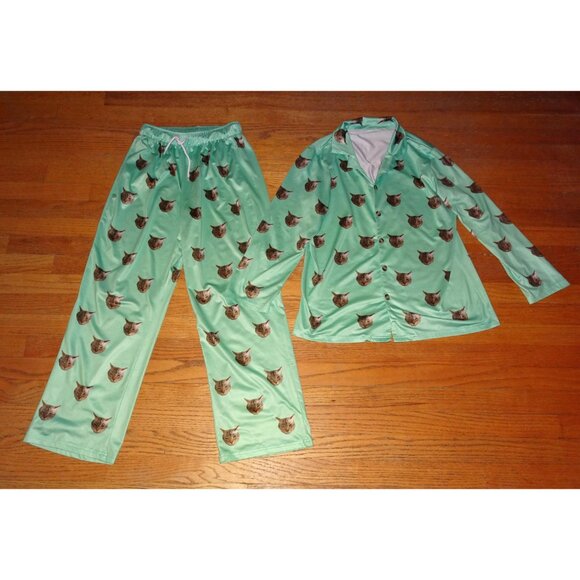 Mint Green Annoyed Cat Pajama Set L pants button up top sleepwear kitty - Picture 8 of 9